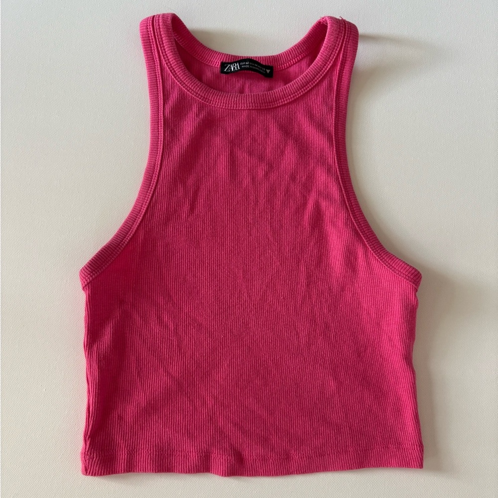 Zara Pink Ribbed Racerback Cropped Balletcore Tank Top Size Medium